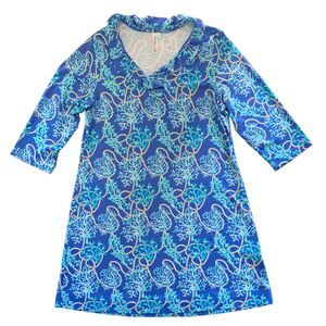 Lulu B Shift Ruffle Dress Blue Coral Rope Print 3/4 Sleeve Worn One Time | Sz L